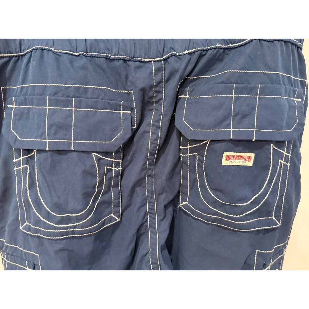 True Religion Bobbi Low Slung Baggy Cargo Pants Navy White Stitch Mens 34 NWOT